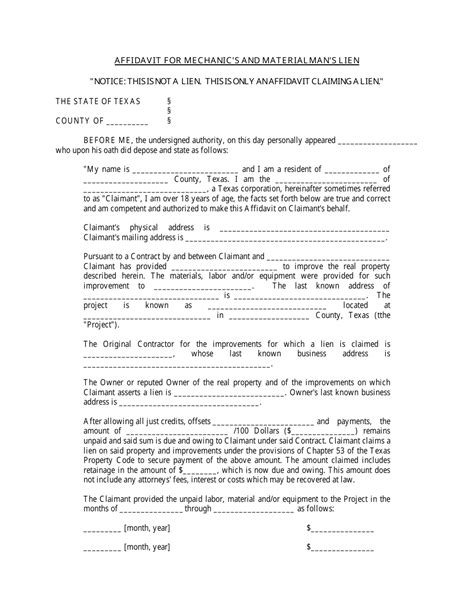 Texas Affidavit For Mechanic S And Materialman S Lien Form Fill Out