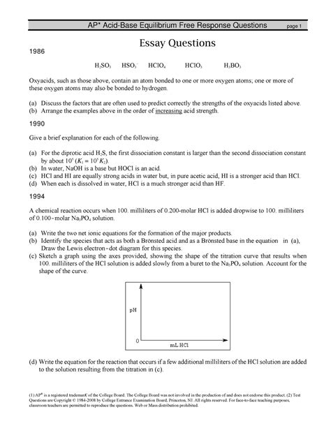 Acid Base Equilibrium Fr Worksheet 1 Ap® Is A Registered Trademark