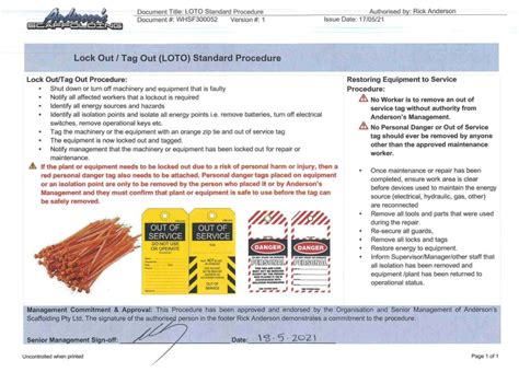 LOTO Procedure Andersons Scaffolding Services Pty Ltd