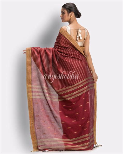 Marron Handloom Traditional Cotton Tangail Saree Angoshobha