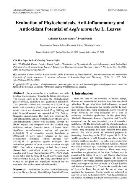 PDF Evaluation Of Phytochemicals Anti Inflammatory And Antioxidant