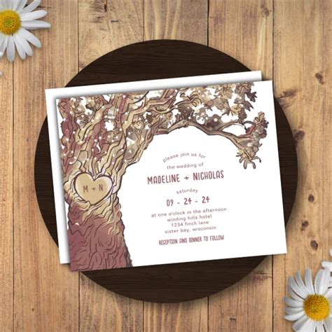 Budget Rustic Carved Oak Tree Wedding Invitation Zazzle