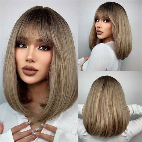 Amazon Magqoo Brown Wig Brown Bob Wig Dark Roots Ash Blonde Wig