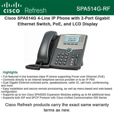 Cisco Spa514g Refresh 4 Line Ip Phone With 2 Port Gigabit Switch Poe