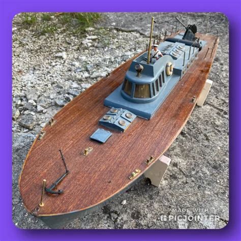 Ancien Bateau Radiocommand En Bois Maquette Moteur Militaire Vedette