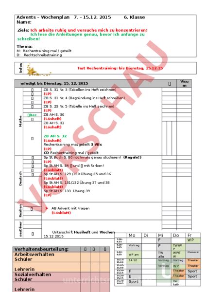 Arbeitsblatt Advents Wochenplan Administration Methodik Lehr