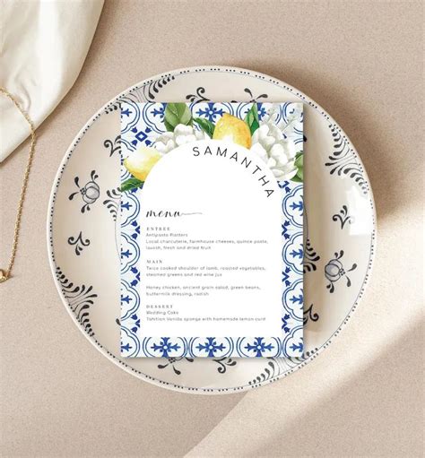 Mediterranean Blue Tile Editable Menu Arch Template Italian Lemons