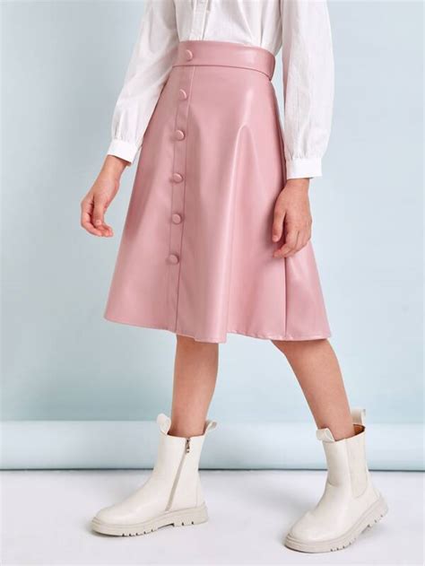 SHEIN Girls Buttoned Front PU Leather Skirt Pink Shop