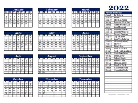 Calendar Printable Yearly With Jewish Holidays