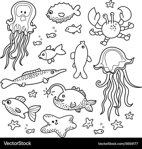 Sea creatures doodle collection Royalty Free Vector Image