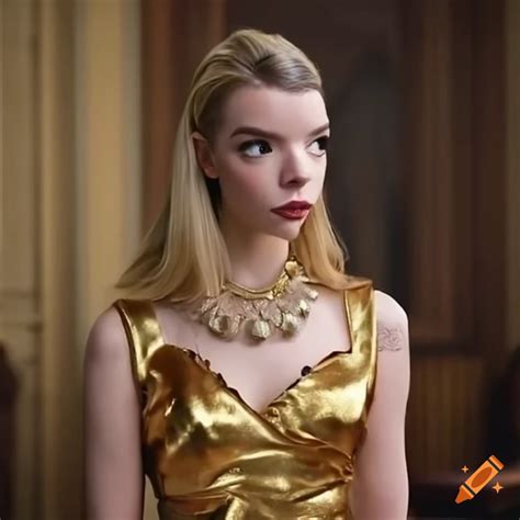 Anya Taylor Joy In A Gold Satin Ensemble By Janice Weiss On Craiyon