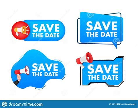 Megaphone Label Set With Text Save The Date Megaphone In Hand Promotion Banner Stock Vector