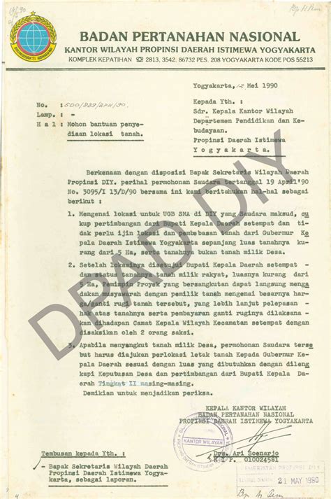 Surat Dari Kepala Kantor Wilayah Badan Pertanahan Nasional Propinsi Diy