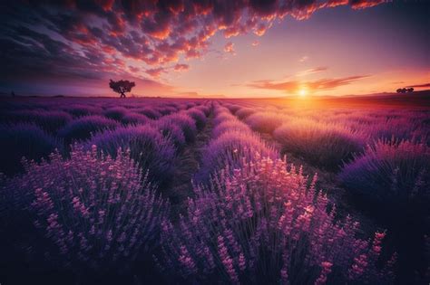 Premium AI Image | Sunset in a field of lavender