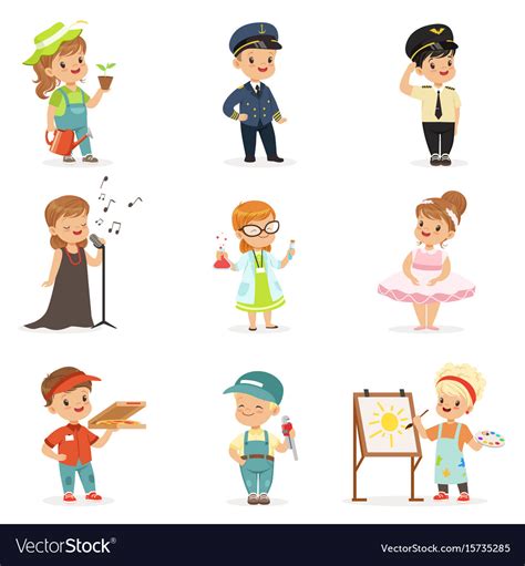 Cute Kids In Various Professions Set Smiling Vector Image