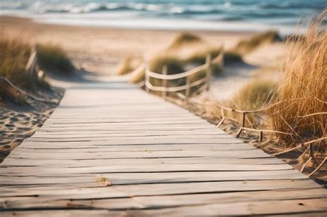 Premium AI Image A Wooden Boardwalk Leads To A Beach With A Wooden