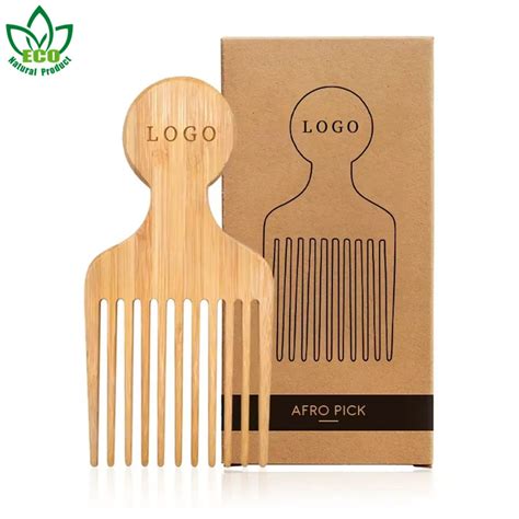 Natural Bamboo Wooden Afro Pick Comb For Curly Hair And Men Beard