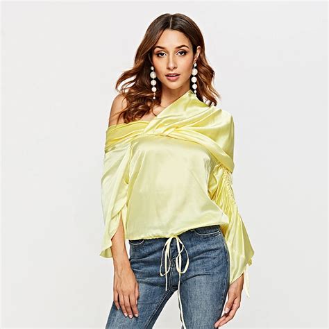 2018 Winter Elegant Yellow One Shoulder Women Silk Blouse Shirt Runway