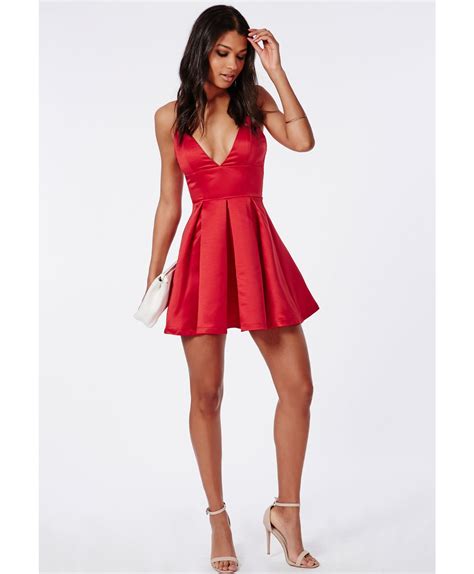 Missguided Satin Plunge Structured Skater Dress Red Red Dress