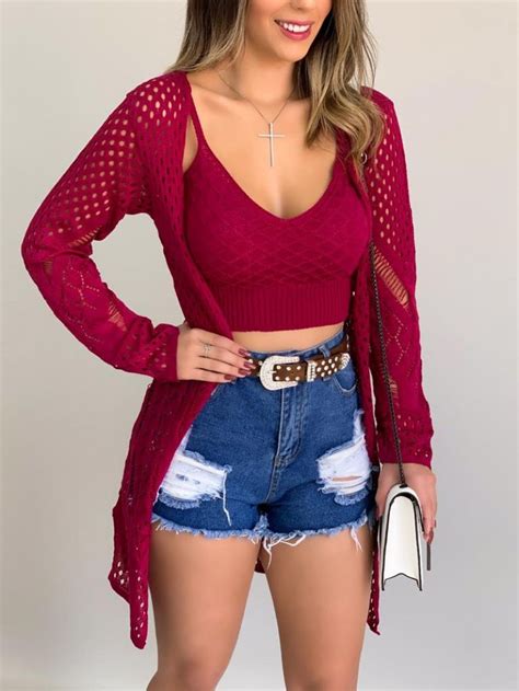 Conjunto Tricot Cropped Kimono Cereja Onlauri Looks Casuais