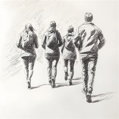 A drawing of people walking in the street with one of them has a ...