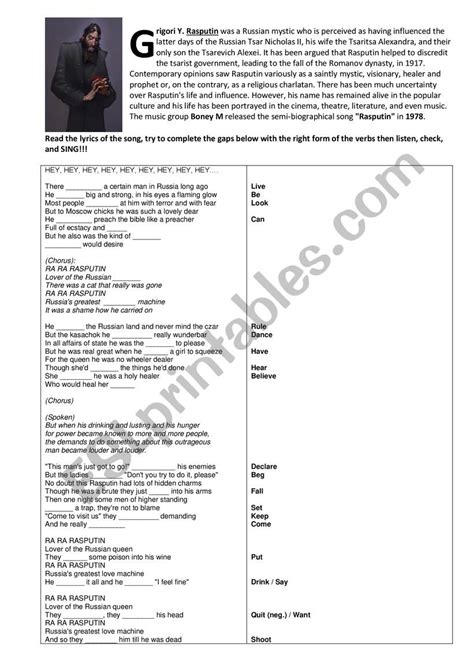 Rasputin by Boney M (song lyrics) - ESL worksheet by fisherman123