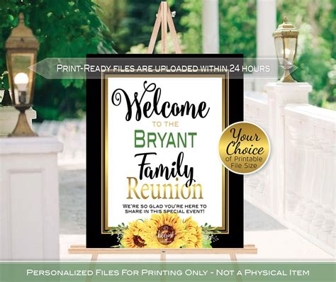 Family Reunion Welcome Sign Printable Sunflowers on Black With Faux ...