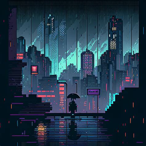 matteodockal: cyberpunk city, night, rain, skyline, SNES style,