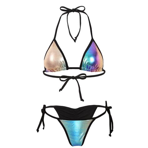 Sexy Womens Shiny Metallic Bikini Set Padded Bra Top Swimwear Swimsuit Beachwear EBay
