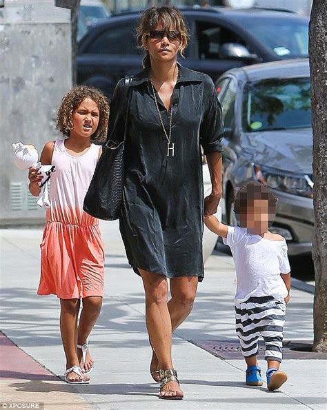 Halle Berry in a black silk shirt dress on outing with children | Halle