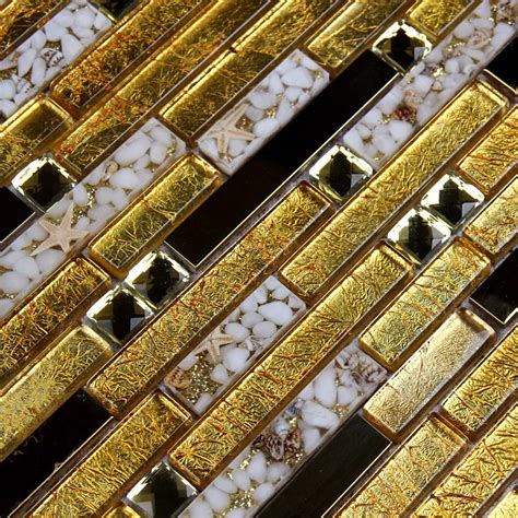 Luxury Golden Shining Mosaic Tiles Strip Stainless Steel Mixed Glass