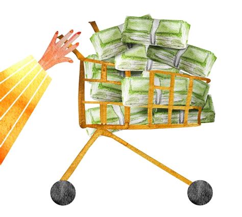 Premium Photo Shopping Cart With Stacks Of Banknotes Watercolor