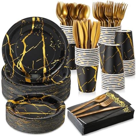 Amazon Foldtier Pcs Black And Gold Disposable Dinnerware Set