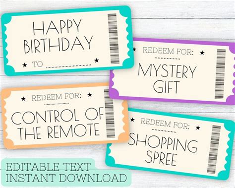 Birthday Coupon Book Editable Birthday Vouchers Printable Ticket