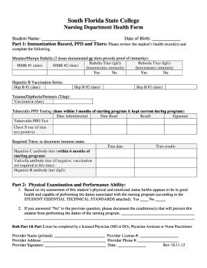 Fillable Online Southflorida SFSC Nursing Department Health Form