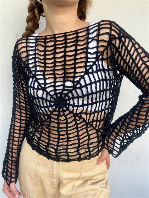 Black Spiderweb Crop Top Crochet Spider Blouse Spider Web Etsy