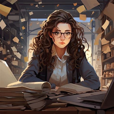 Premium AI Image A Woman Sits At A Desk With A Laptop And Books