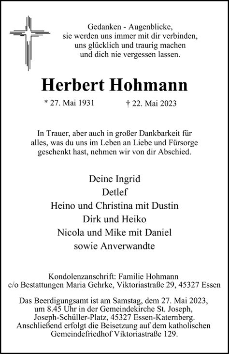 Traueranzeigen Von Herbert Hohmann Trauer In Nrw De