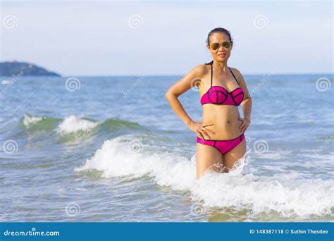 Woman With Bikini Pink Show Body Big On Beach Stock Photo Image Of Andaman Model 148387118