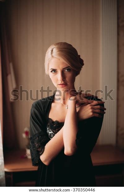Sexy Blonde Bride Black Robe Posing Stock Photo 370350446 Shutterstock