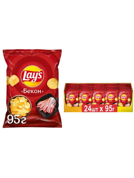 Lays / Лейс Чипсы картофельные, со вкусом Бекона, Шоубокс, 24шт.*95гр ...