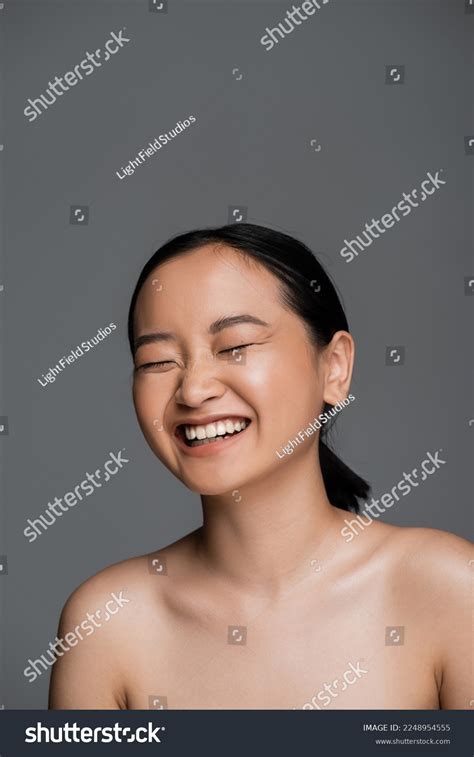 Cheerful Asian Woman Naked Shoulders Laughing Stock Photo 2248954555 Shutterstock