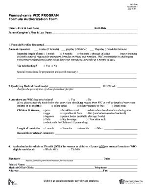 2014 PA WIC Program Formula Authorization Form Fill Online Printable