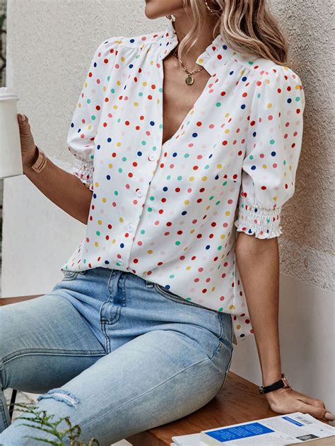 Shein Lune Polka Dot Print Puff Sleeve Frill Trim Blouse Shein Usa