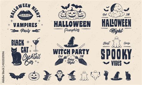 Vintage logo templates and 10 design elements for halloween design ...