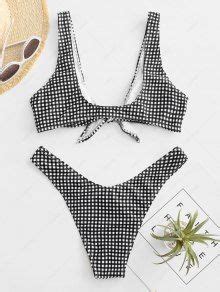 Front Tie Thong Plaid Bikini Set In WHITE AND BLACK ZAFUL