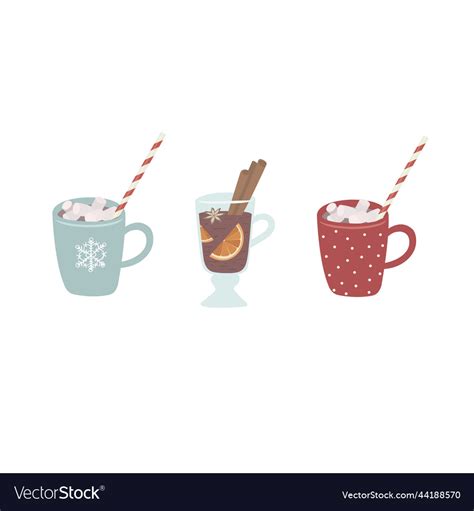 Set Of Hot Drinks With Marshmallow And Cinnamon Vector Image