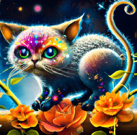 Una Pintura De Un Gato Con Ojos Verdes Y Un Fondo Negro Con Rosas