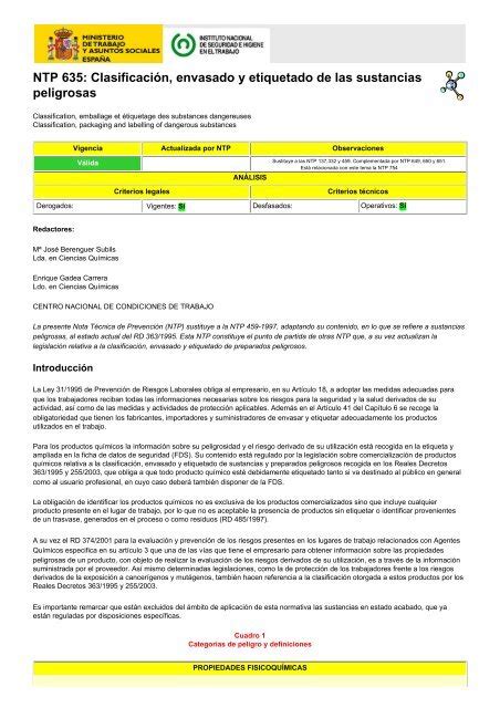 Ntp Clasificaci N Envasado Y Etiquetado De Las Sustancias Peligrosas