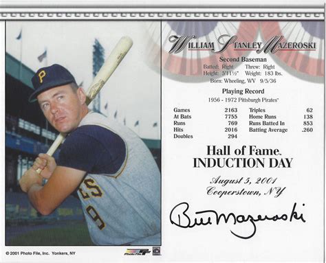 Autographed BILL MAZEROSKI Pittsburgh Pirates HOF 8x10 Induction Day